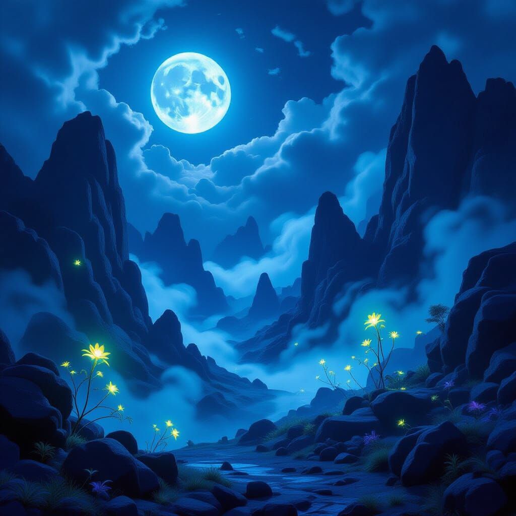 Ethereal Moonlight Landscape with Bioluminescent Flora
