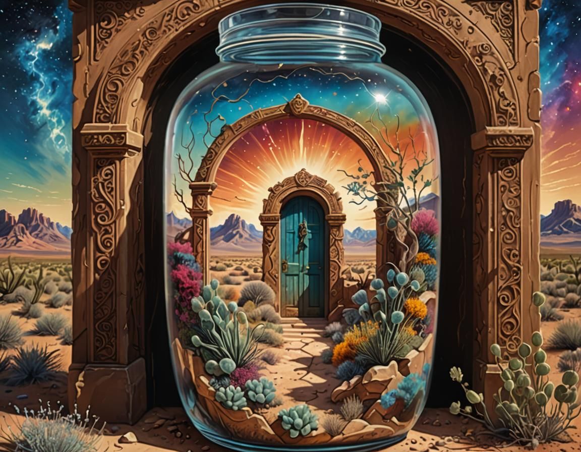 Surreal Door in Jar with Desert Nebula Background