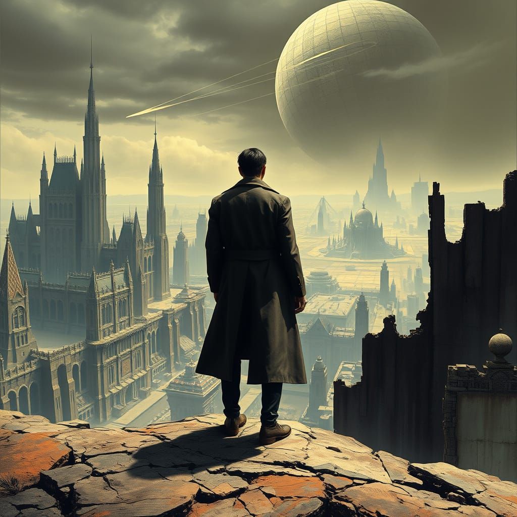 Dystopian Future: Lone Figure Amid Crumbling Cityscape