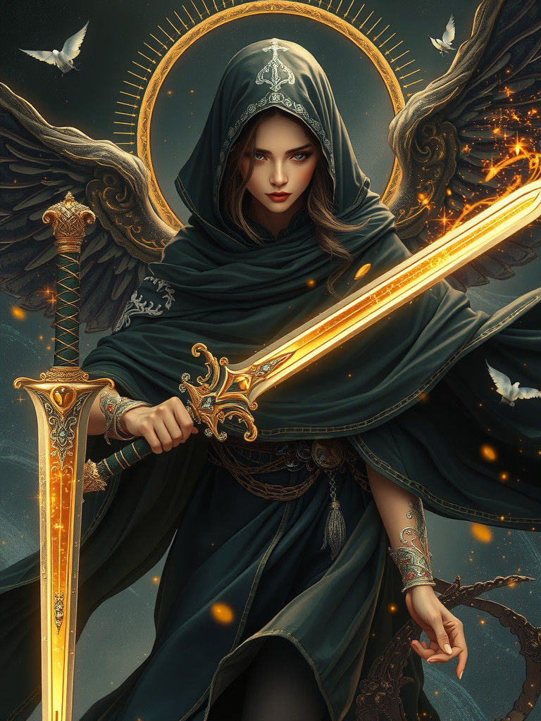 Celestial Warrior Emerges with Luminous Sword