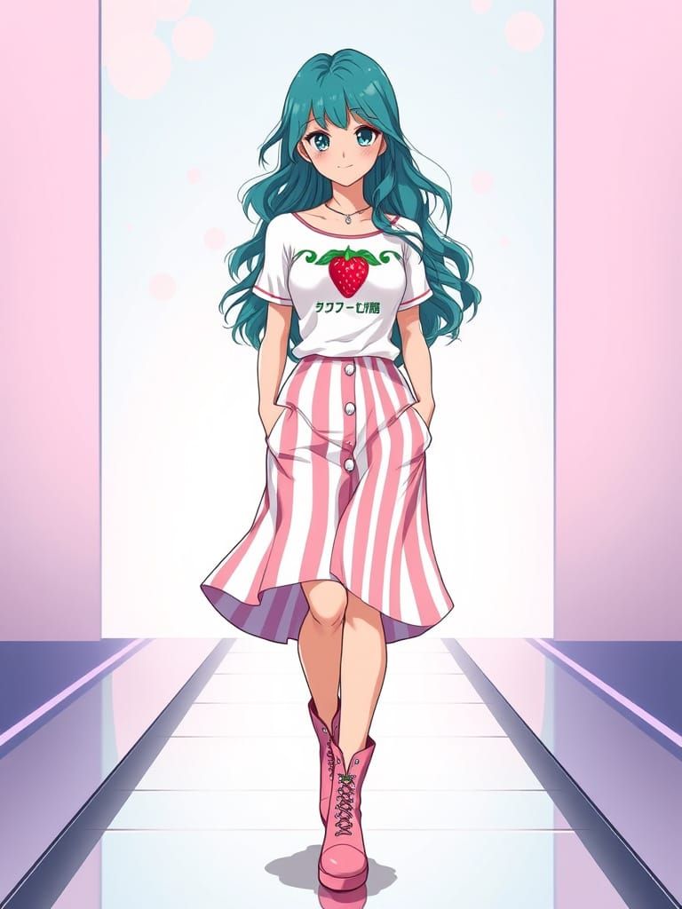 Anime-Inspired Woman Struts Down Ramp in Vibrant Teal Hair a...