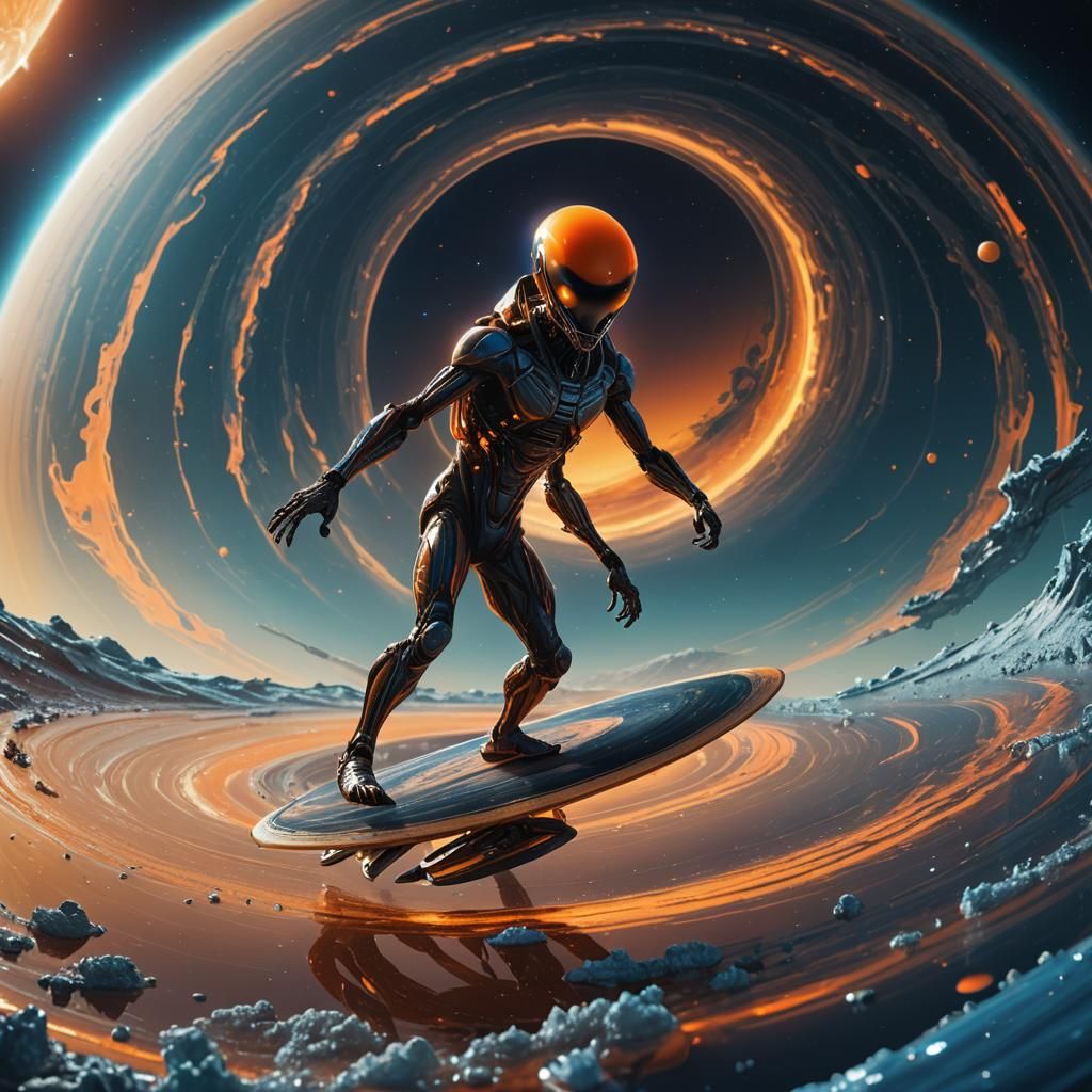 Alien Surfing Saturn Ring: Surreal Concept Art