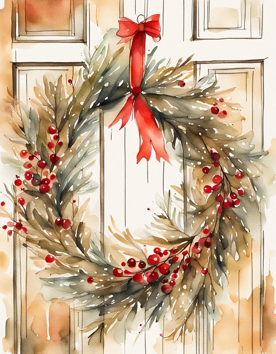 Watercolor Christmas Wreath on Wooden Door Illustration