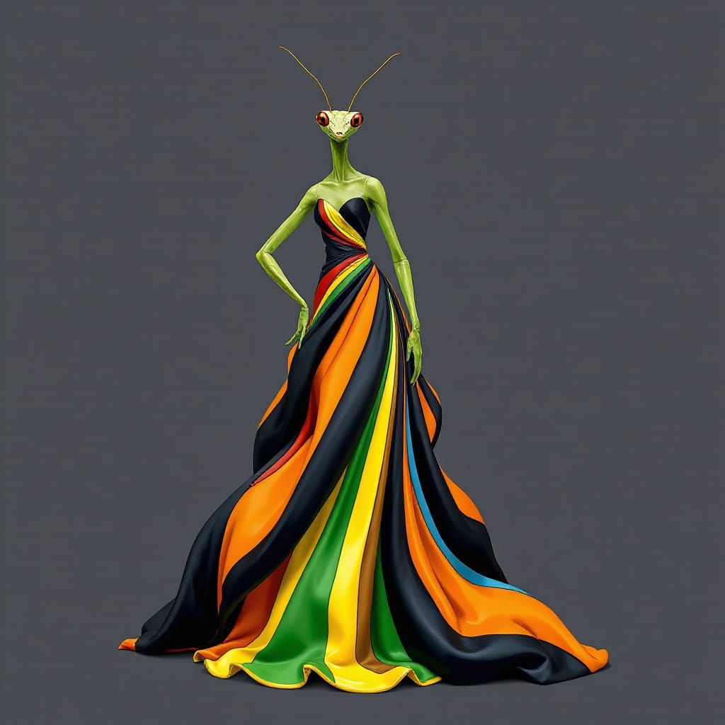 Surreal Fashion Illustration of a Mantis in a Bold Striped G...