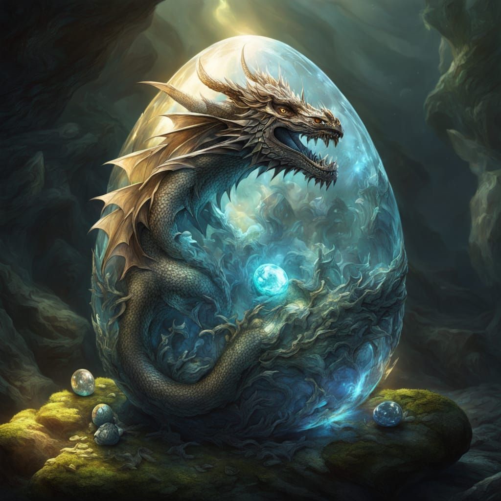 Crystal Dragon Inside Glass Egg in Enchanted Cave