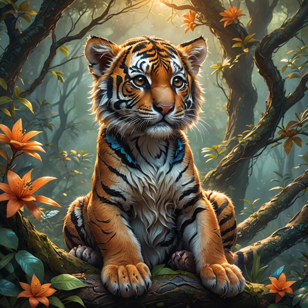Cute Baby Tiger in Lush Forest: Fantasy Art