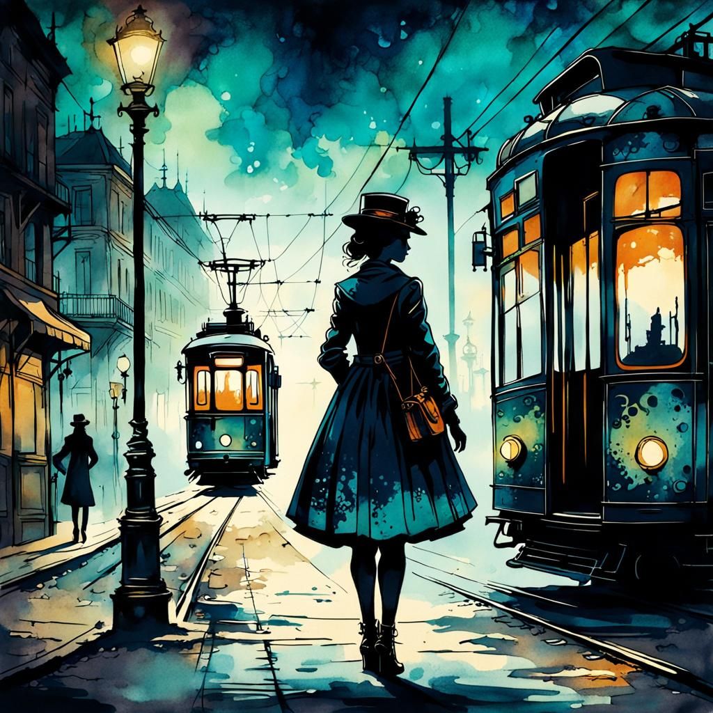 Steampunk Magician in Ink Painting Silhouette