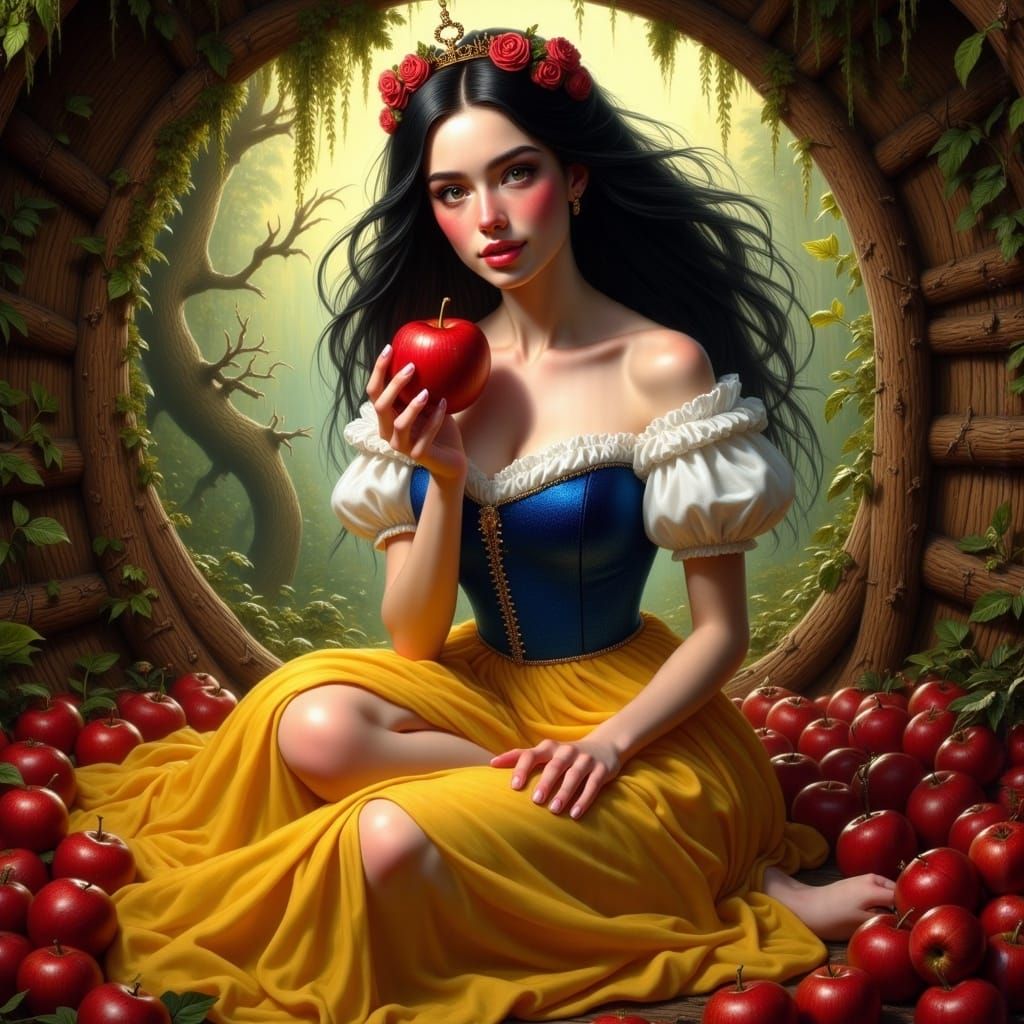 Snow White in Forest Hut, Hyper-Realistic Painting