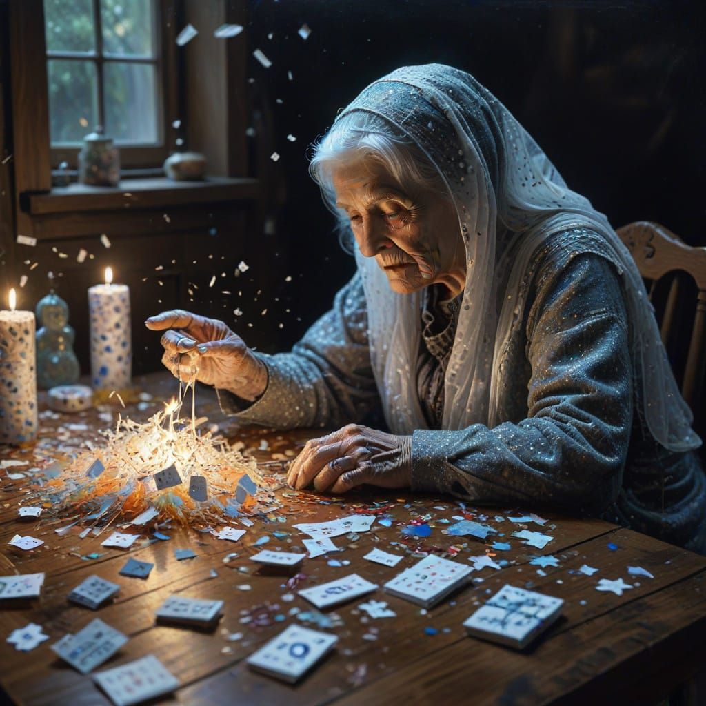 Eerie Oil Painting of Old Woman and Ghosts