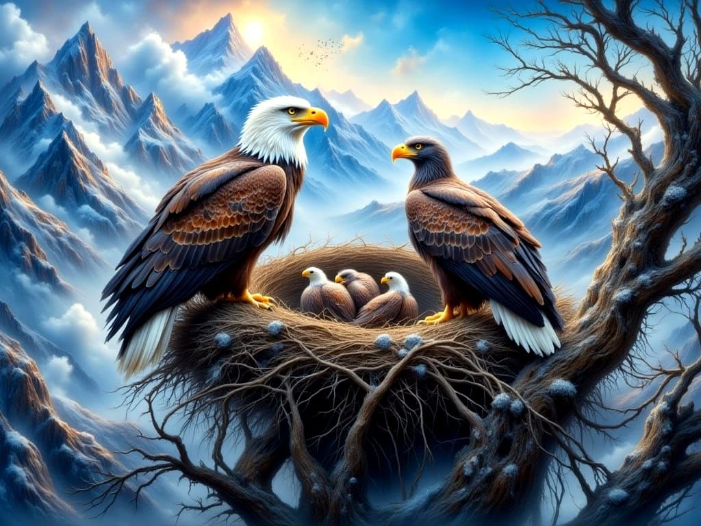Elegant Bald Eagle Family Portrait in Impasto Oil Painting
