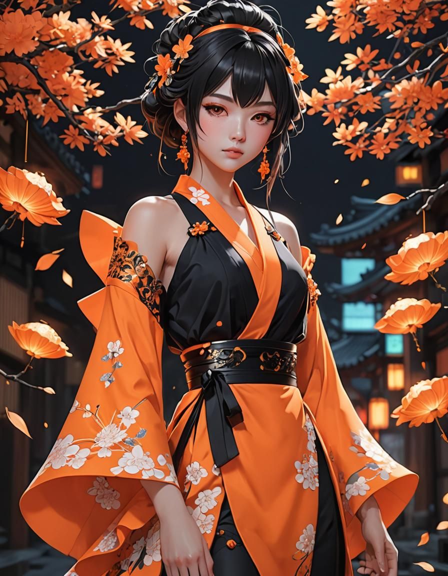 Neon Orange Kimono. The dress is a flowing ruffle dress with a gem-encrusted black halter style top, which is separated ...