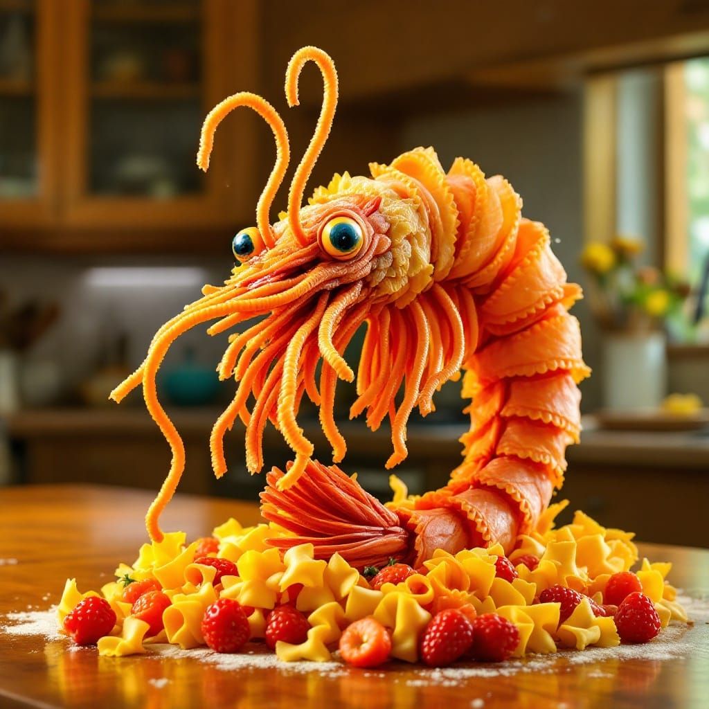 Vibrant Pasta Sculpture in Whimsical Pop Art Style