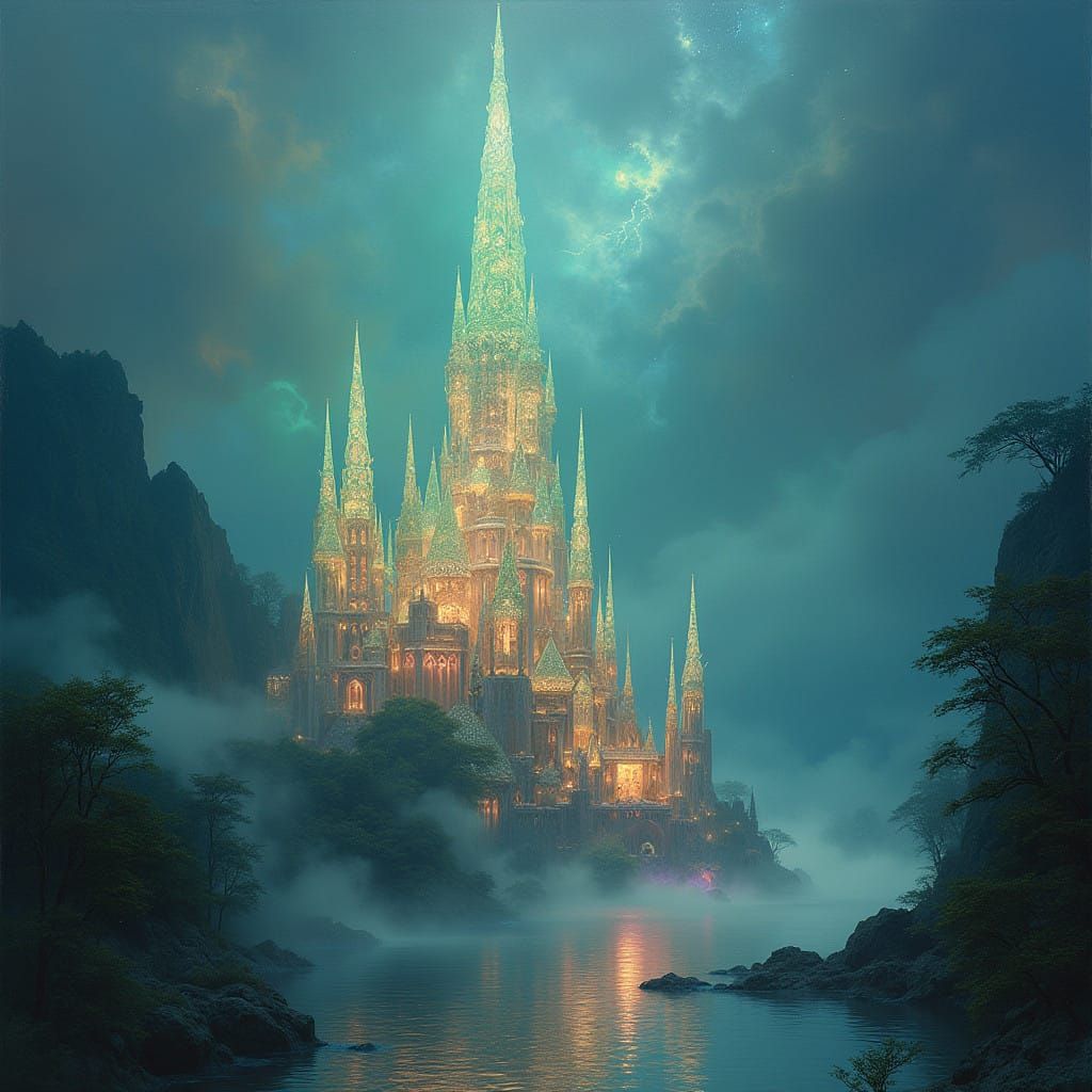 Surreal Emerald Fae-Castle Shines Radiant in Iridescent Mist