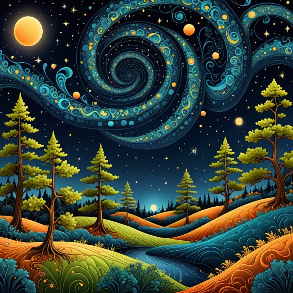 Abstract Psychedelic Swamp Landscape Under Starry Sky