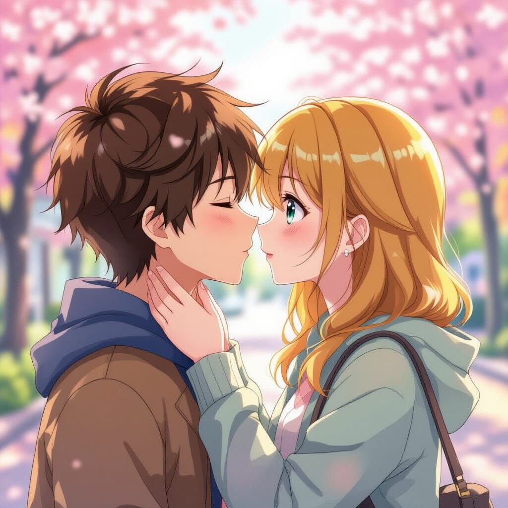 Anime Couple Kissing in Pastel Colors