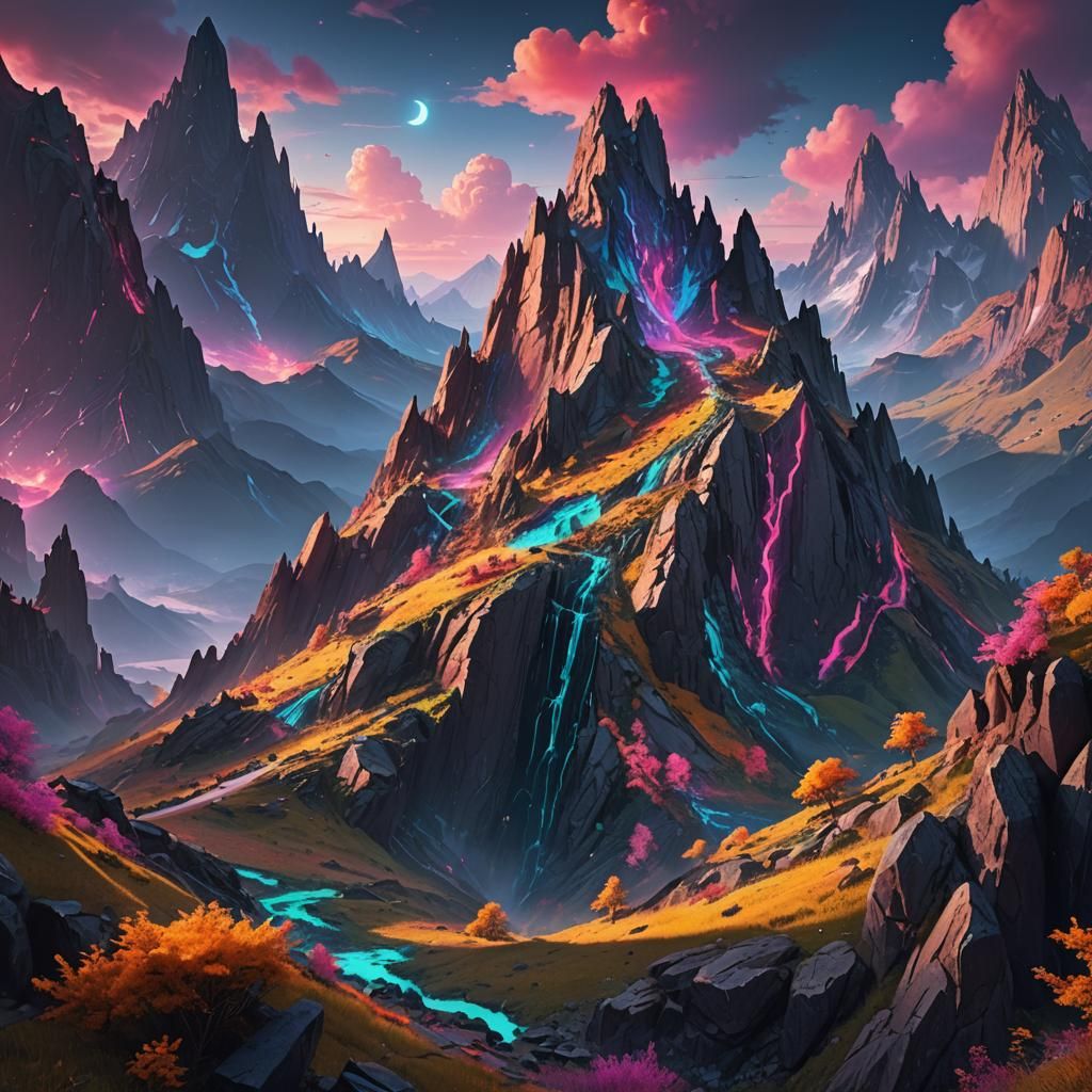 Fluorescent Mountain in a Detailed Fantasy Landscape
