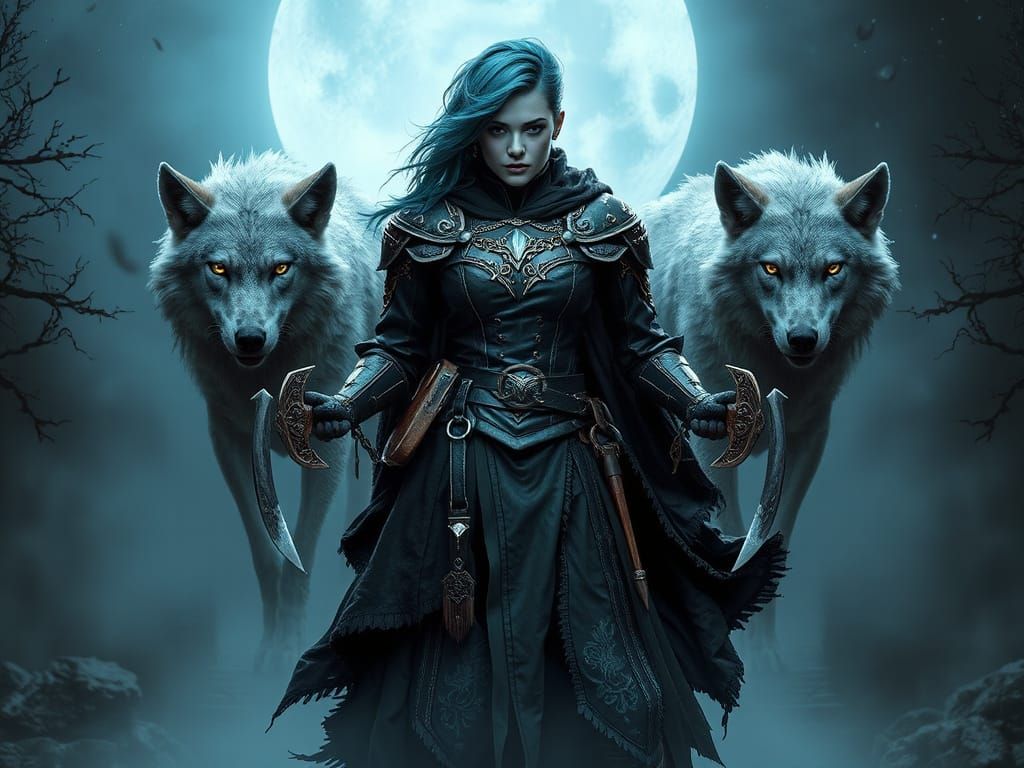 Dark Elegance Warrior with Turquoise Hair and Dual Axes in a...