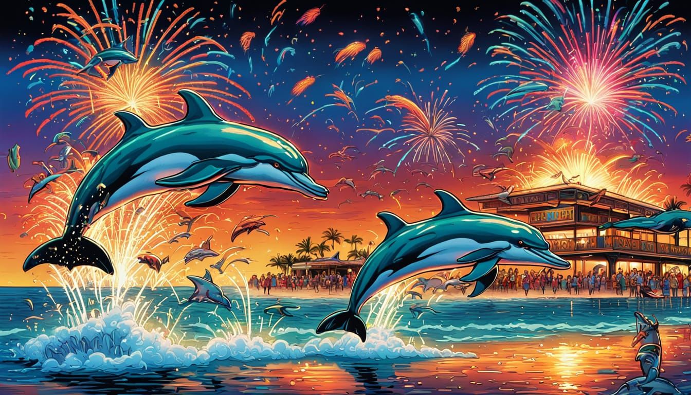 Dolphins and Fireworks in Comic Book Style