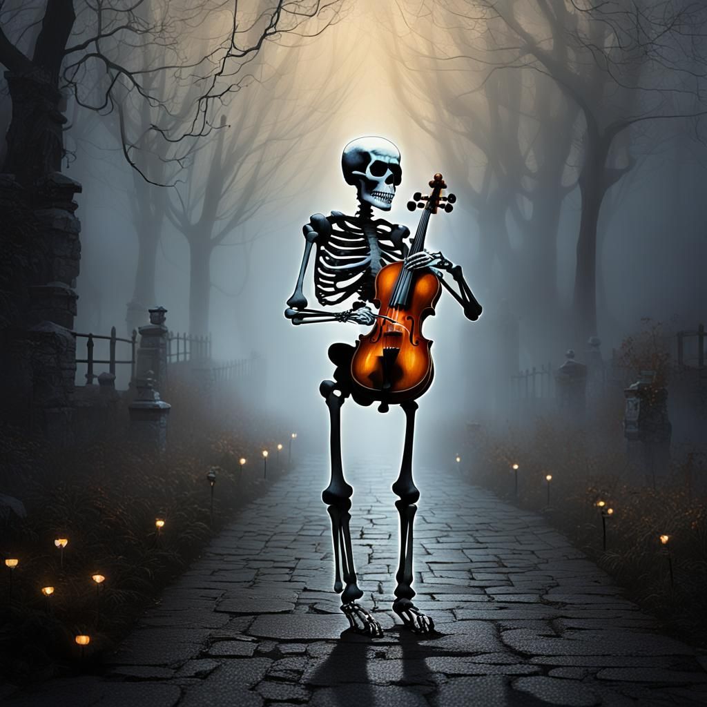 Skeleton Violinist in Misty Pathway
