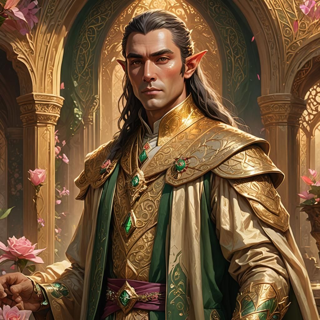 Elven Lord in Gold and Rose Attire
