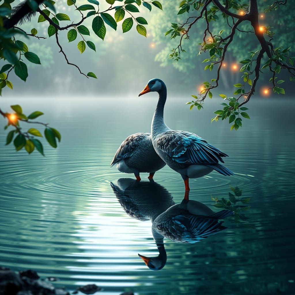 Ethereal Goose Silhouette Against Vibrant Lake Reflections