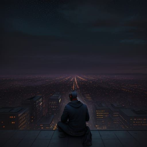 A solitary figure, wearing vintage headphones sits on a roof...