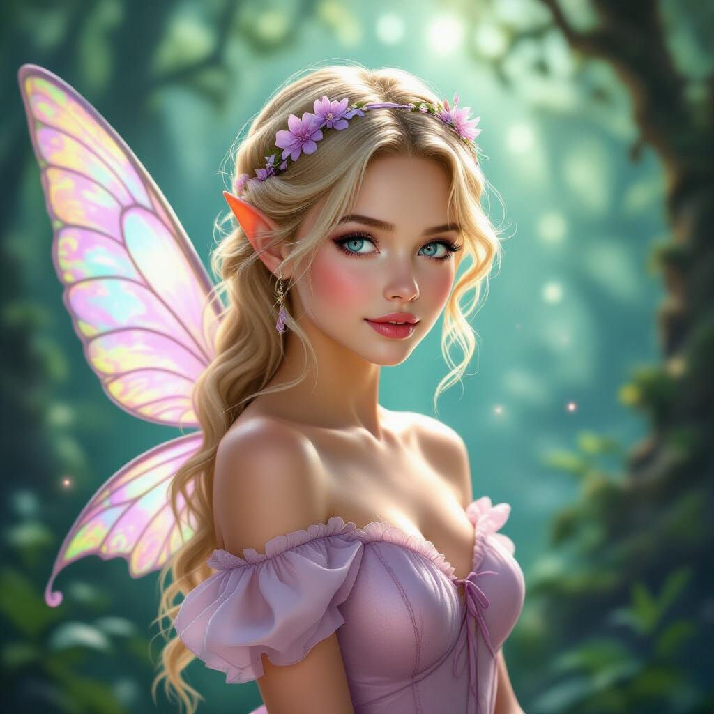 Elegant Fairy with Iridescent Wings in Magical Forest