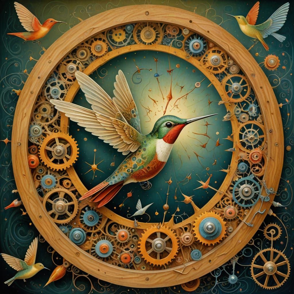 Clockwork Hummingbird in Abstract Dreamscape