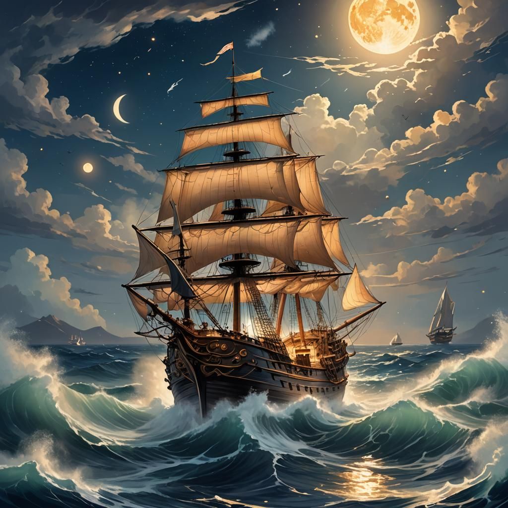 Mystical Ship Sailing Under a Radiant Full Moon
