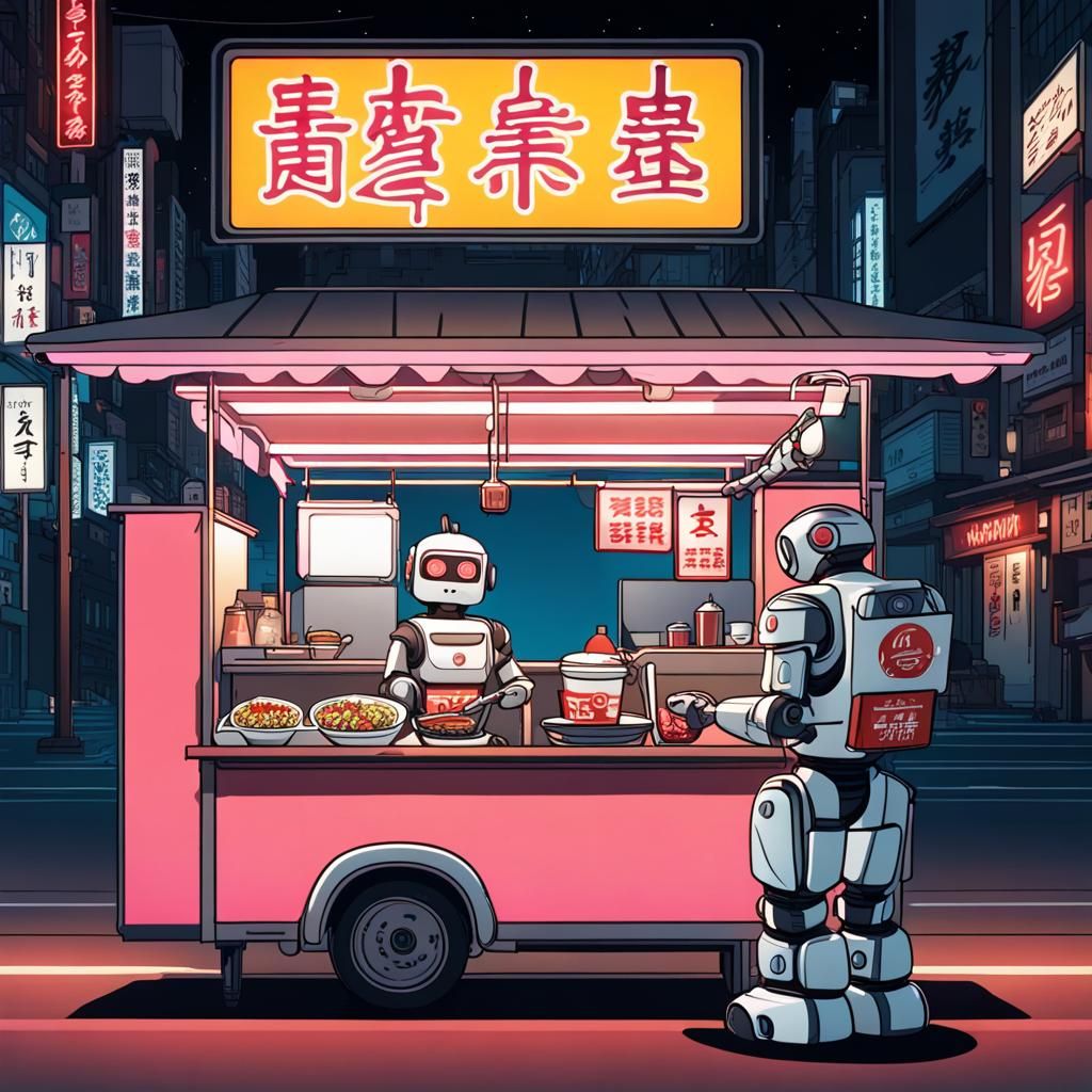 Cyberpunk Robot Food Vendor at Night