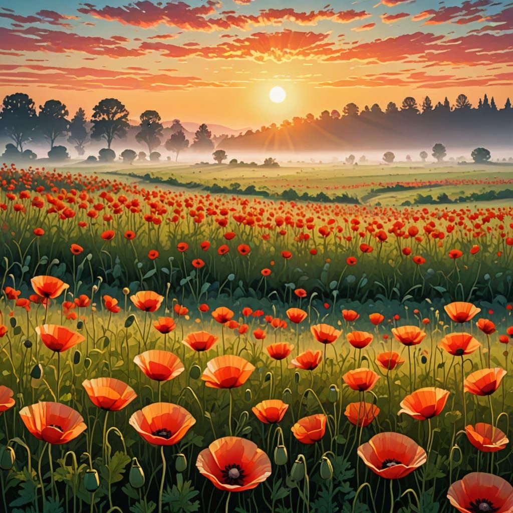 Sunrise Poppy Field in Pop Art Style