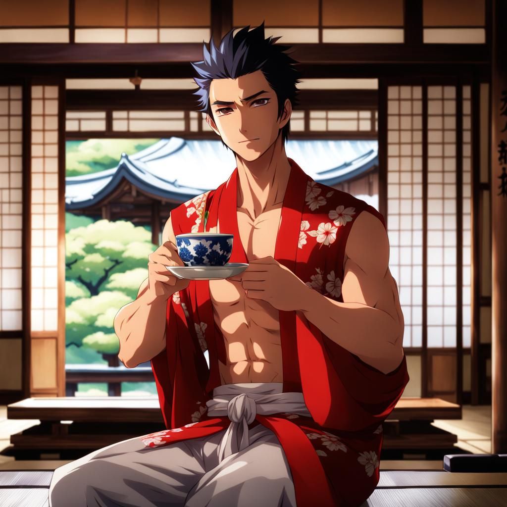 Shirtless Hunk Drinking Tea in Anime Style
