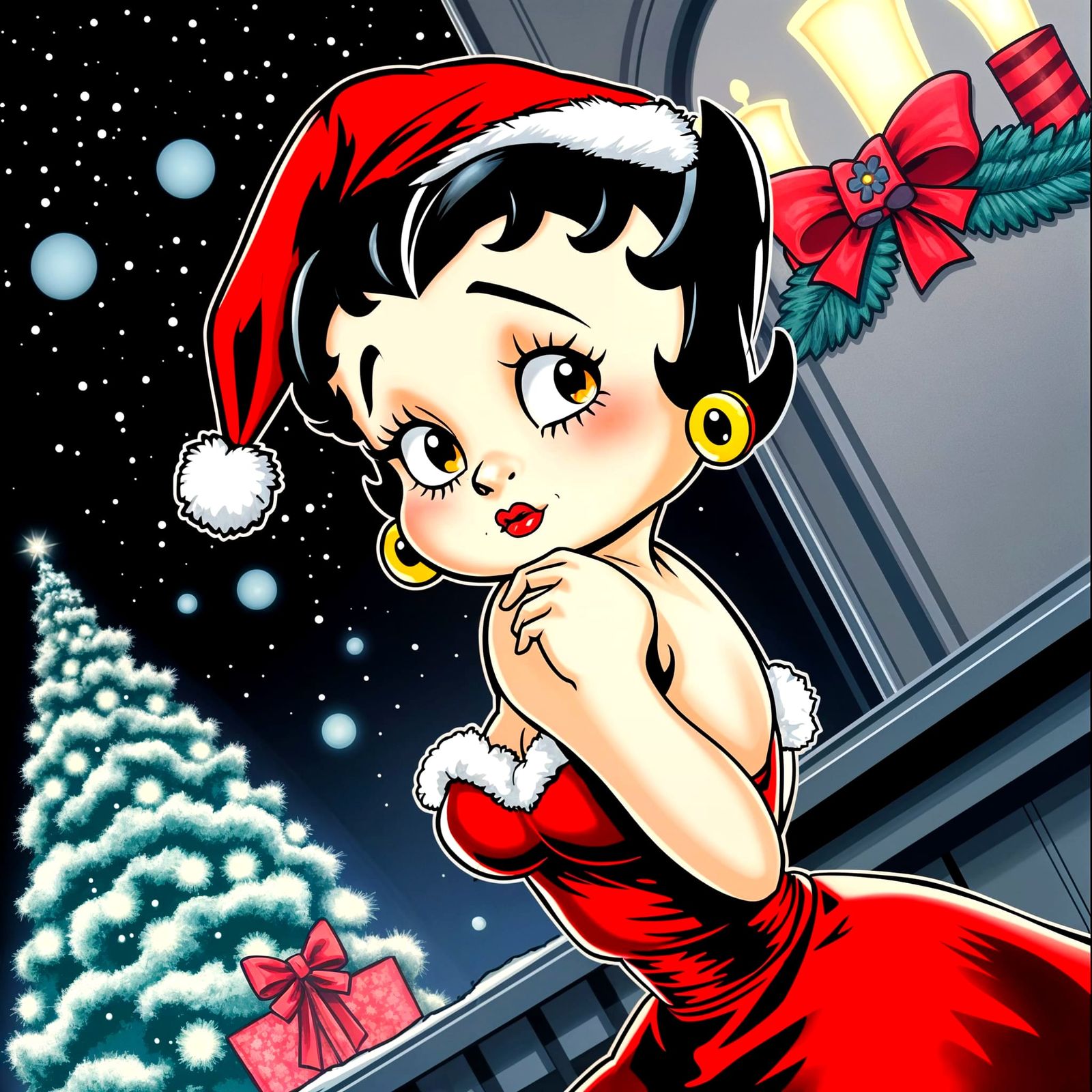 Betty Boop in Elegant Holiday Attire, Comic Book Style