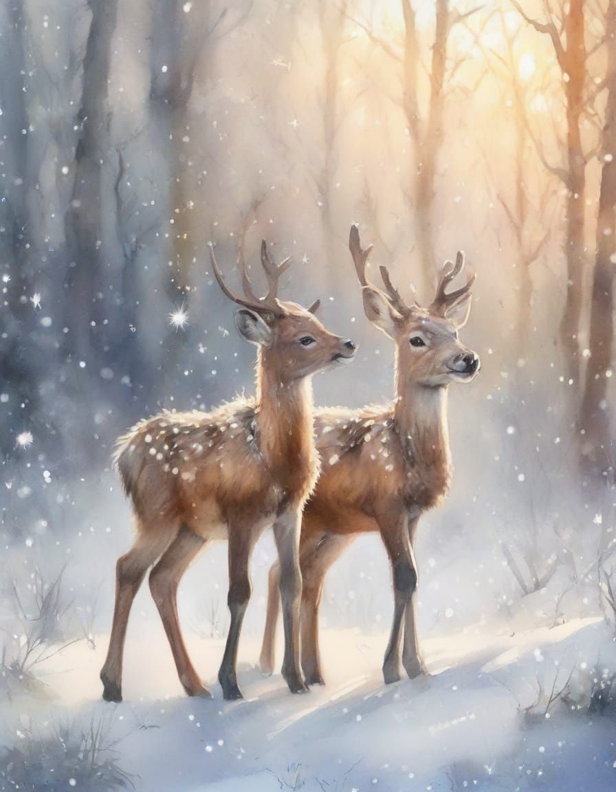 Two Baby Reindeer Play in Dreamy Winter Forest