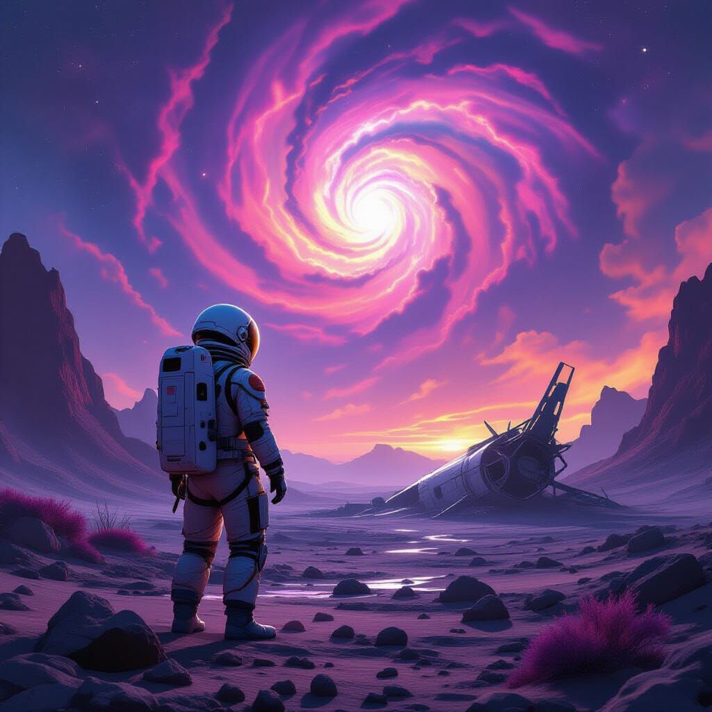 Astronaut on Alien Planet Gazing at Nebula