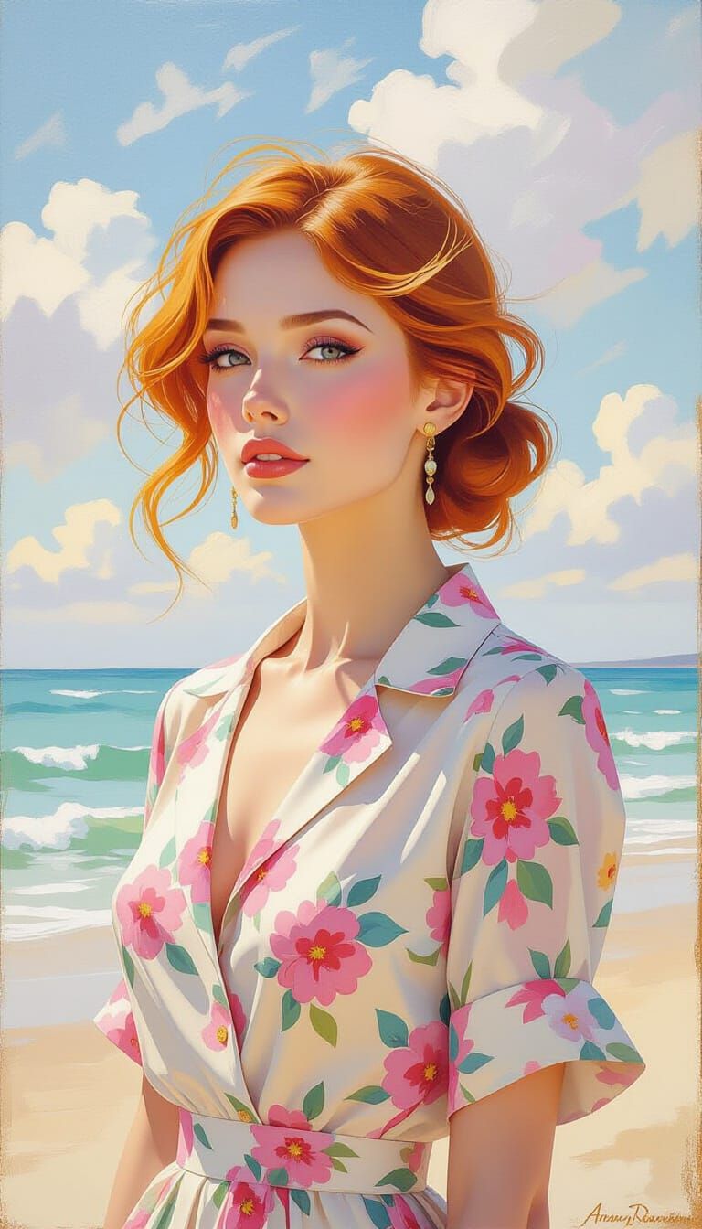 Impressionistic Woman in Floral Print with Shimmering Golds