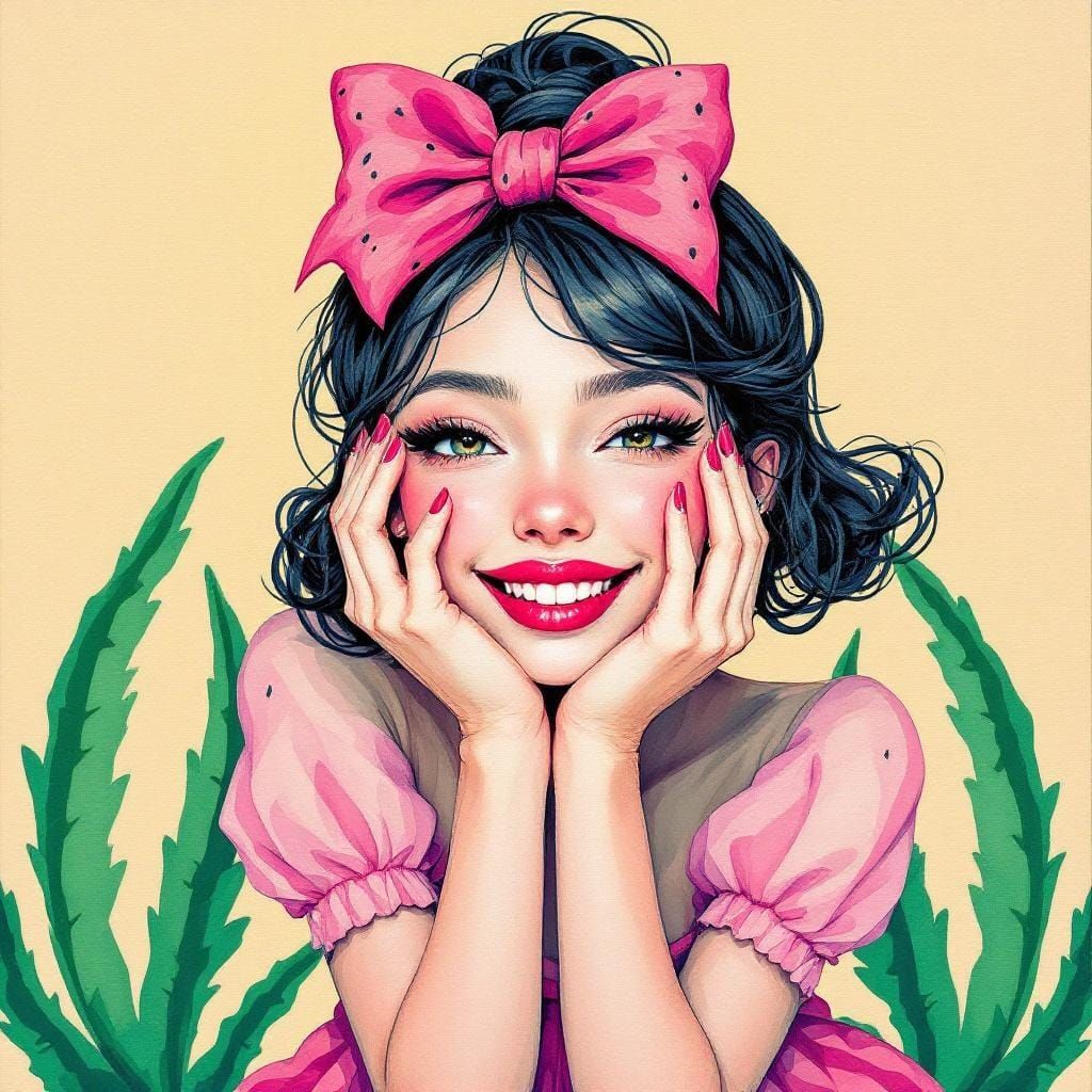 Smiling Watermelon Woman in Acrylic Mosaic Style