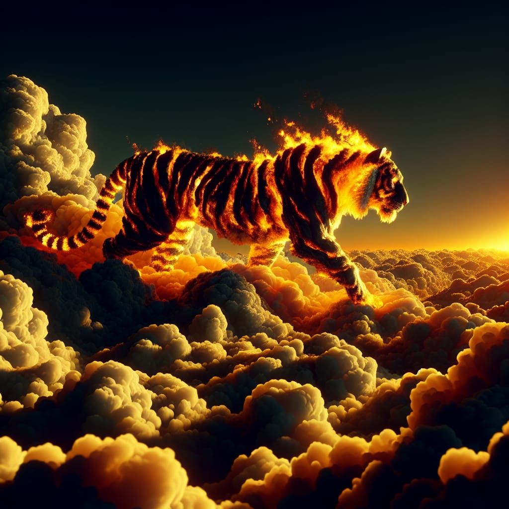 Fiery Tiger Struts Across Sunset Clouds