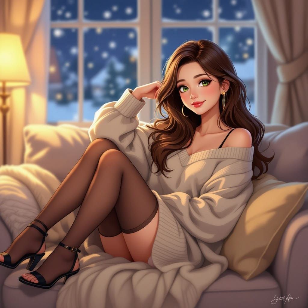 Cozy Anime Illustration of Woman Lounging on Sofa