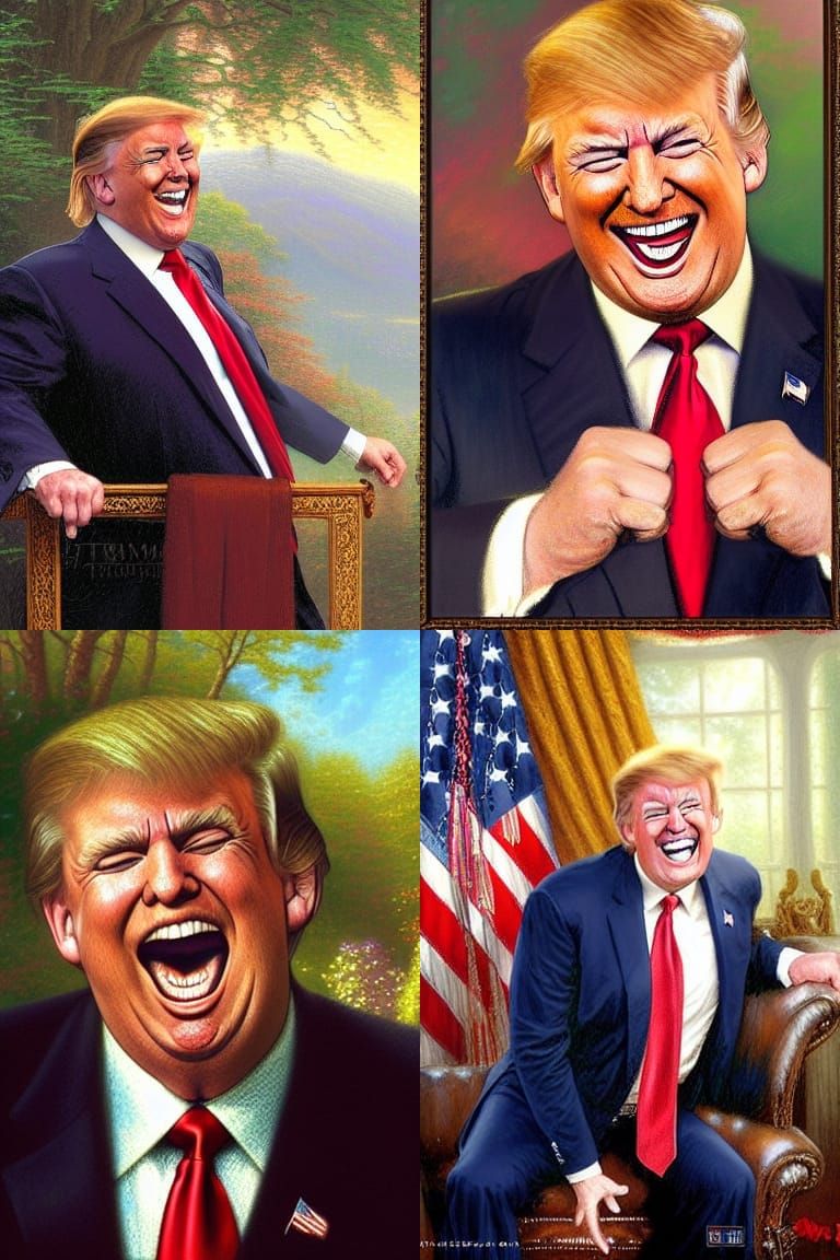 President Trump laughing, James Gurney Thomas Kinkade, portrait