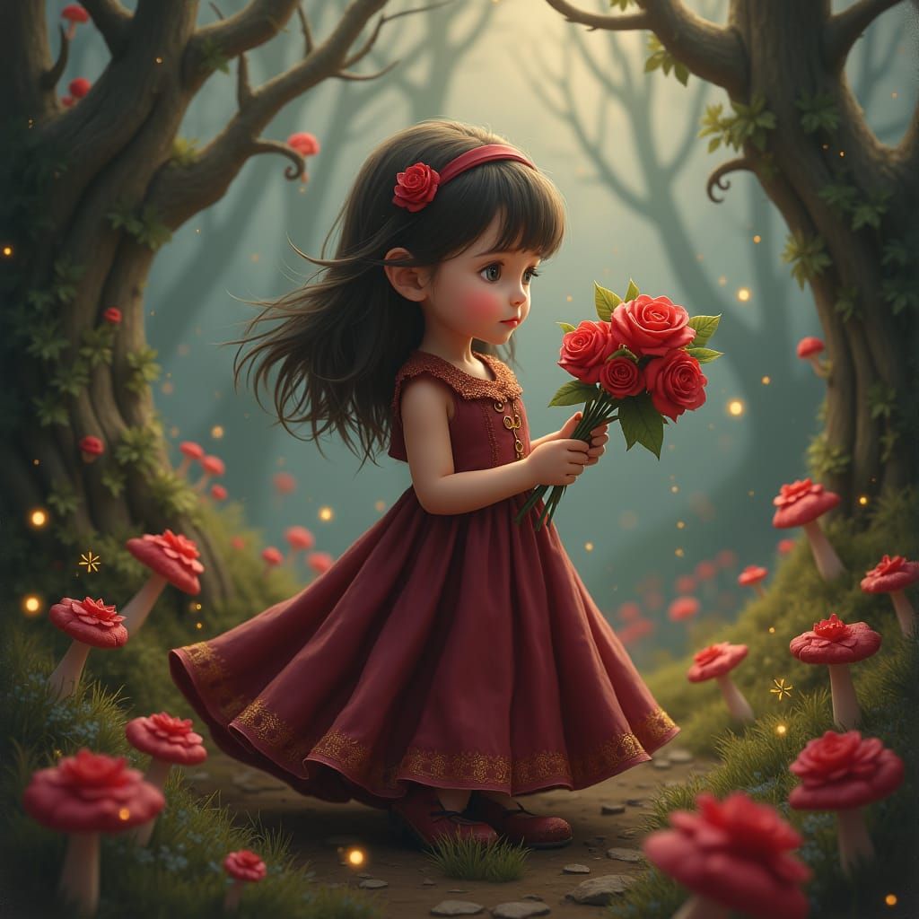 Girl with Roses in Mystical Forest, Fantasy Art