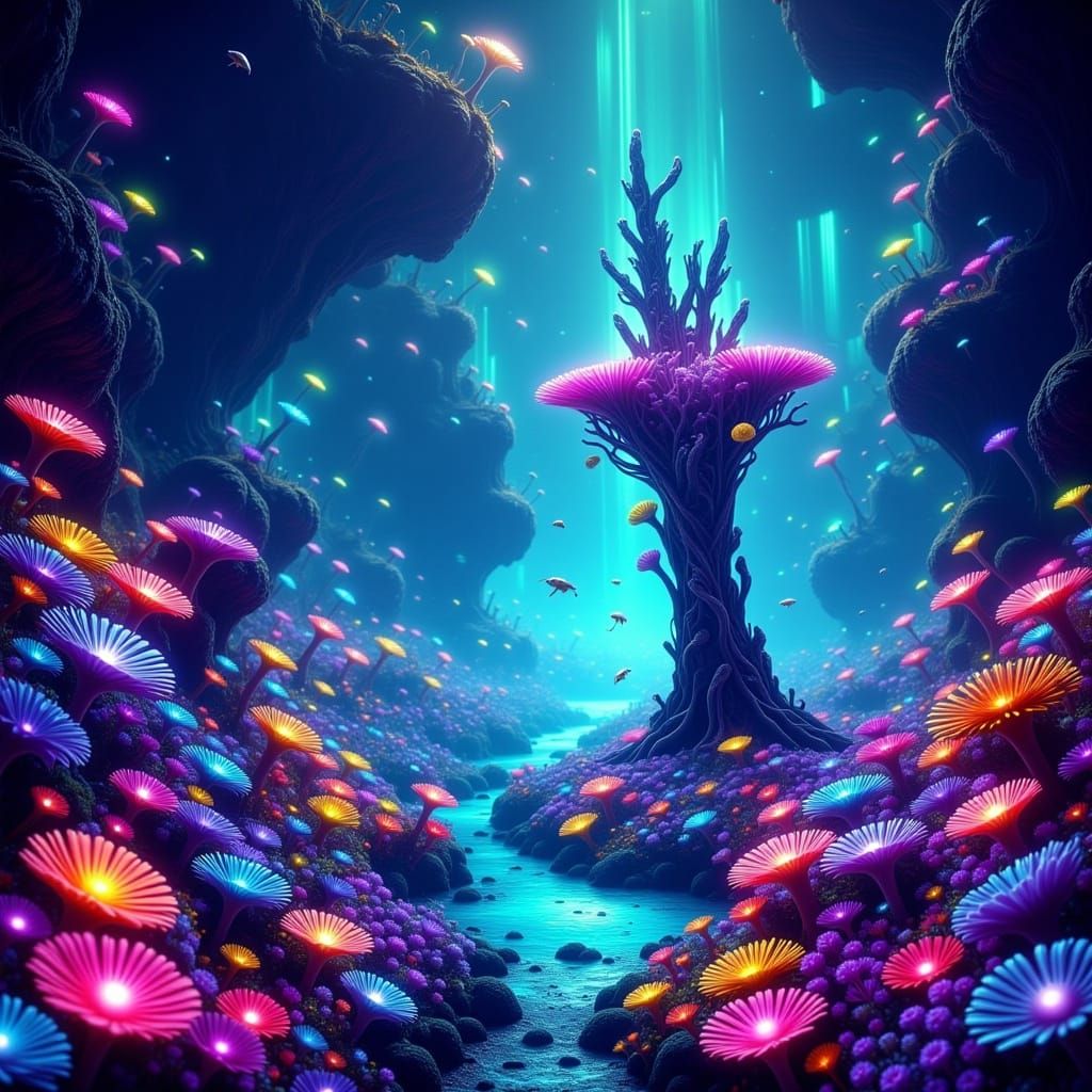 Bioluminescent Alien Coral Reef Teeming with Life