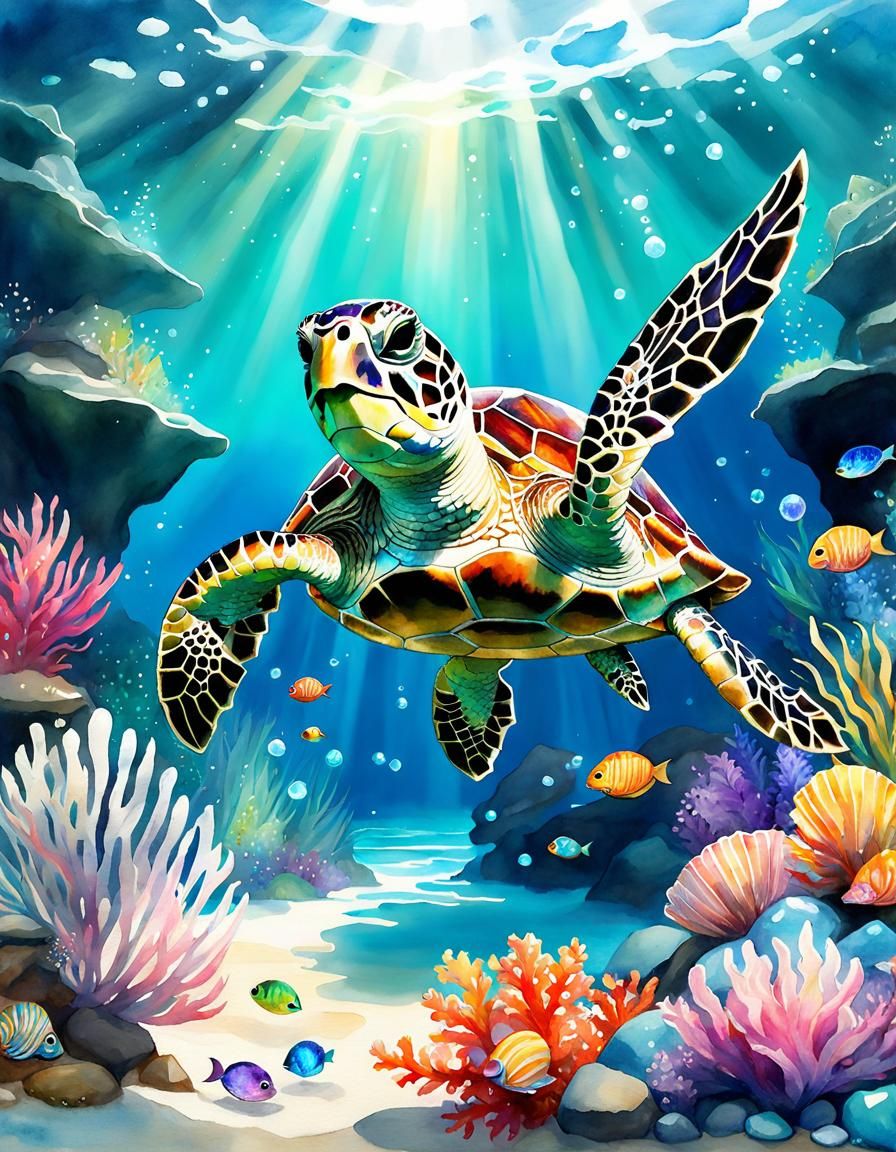 Magical Sea Turtle in Watercolor Fantasy Style