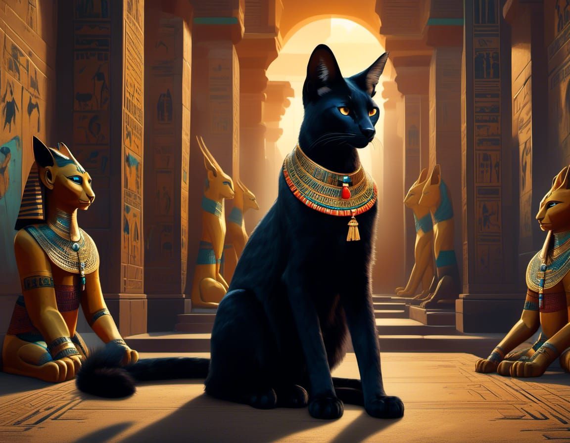 Black Serval Cat Portrait in Egyptian Style