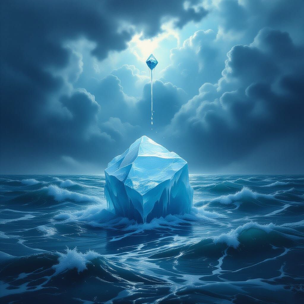 Melting Diamond Ice Block Falls Into Turbulent Sea