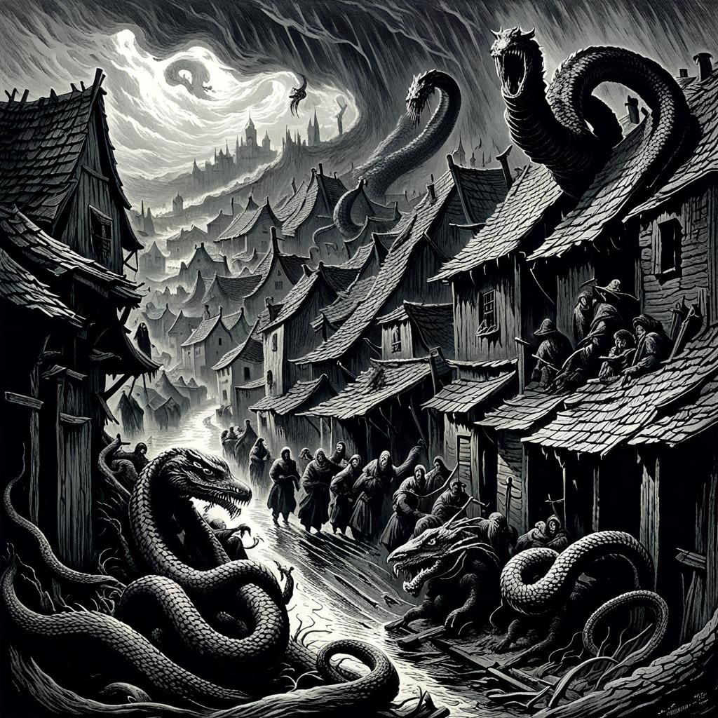 Monochrome Serpent Destroys Village in Gothic Horror Style