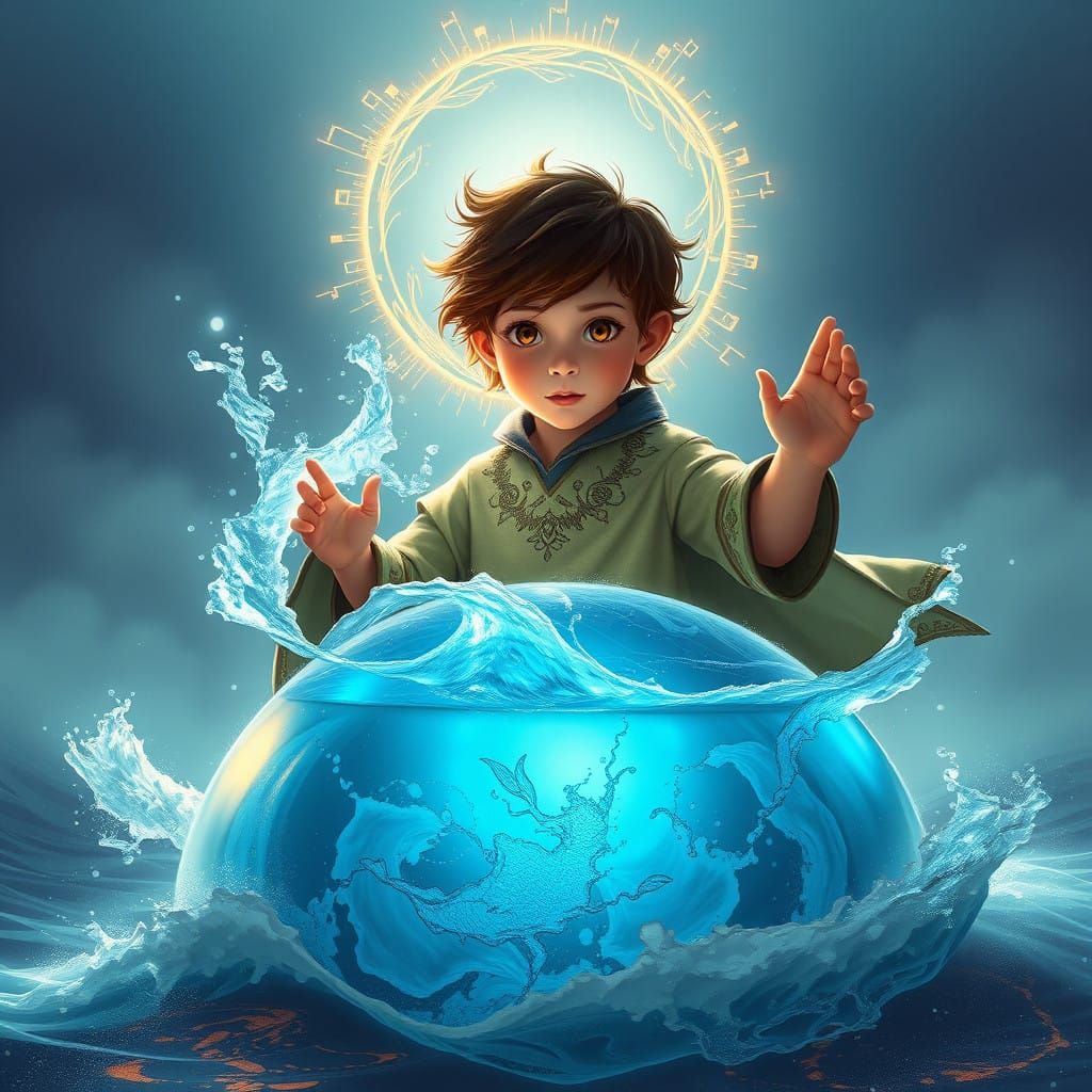 Young Boy Channels Aquatic Magic on a Glowing Globe of Water