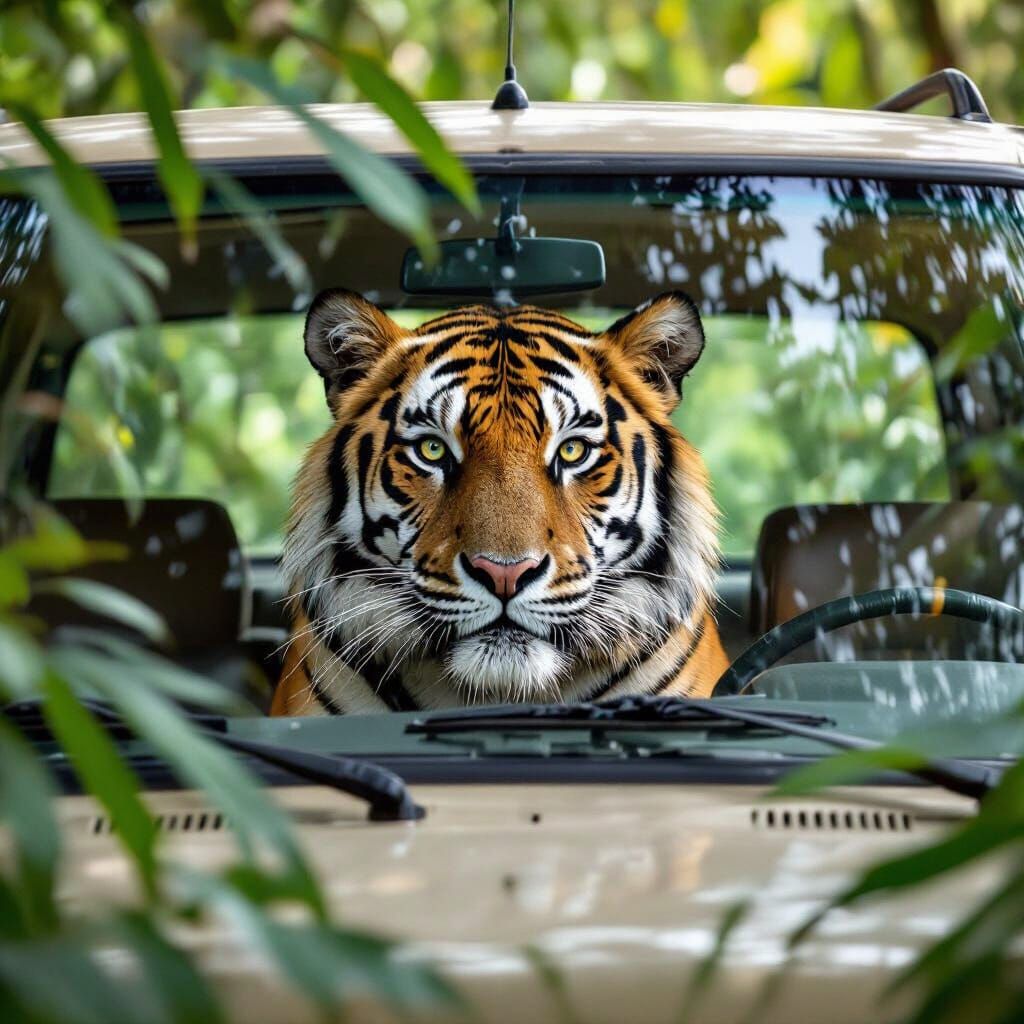 Tiger in Jungle Filmed from Car