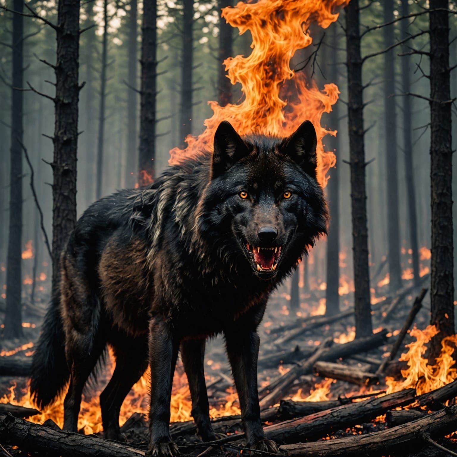 Black Wolf in Burning Forest: A Dramatic Scene