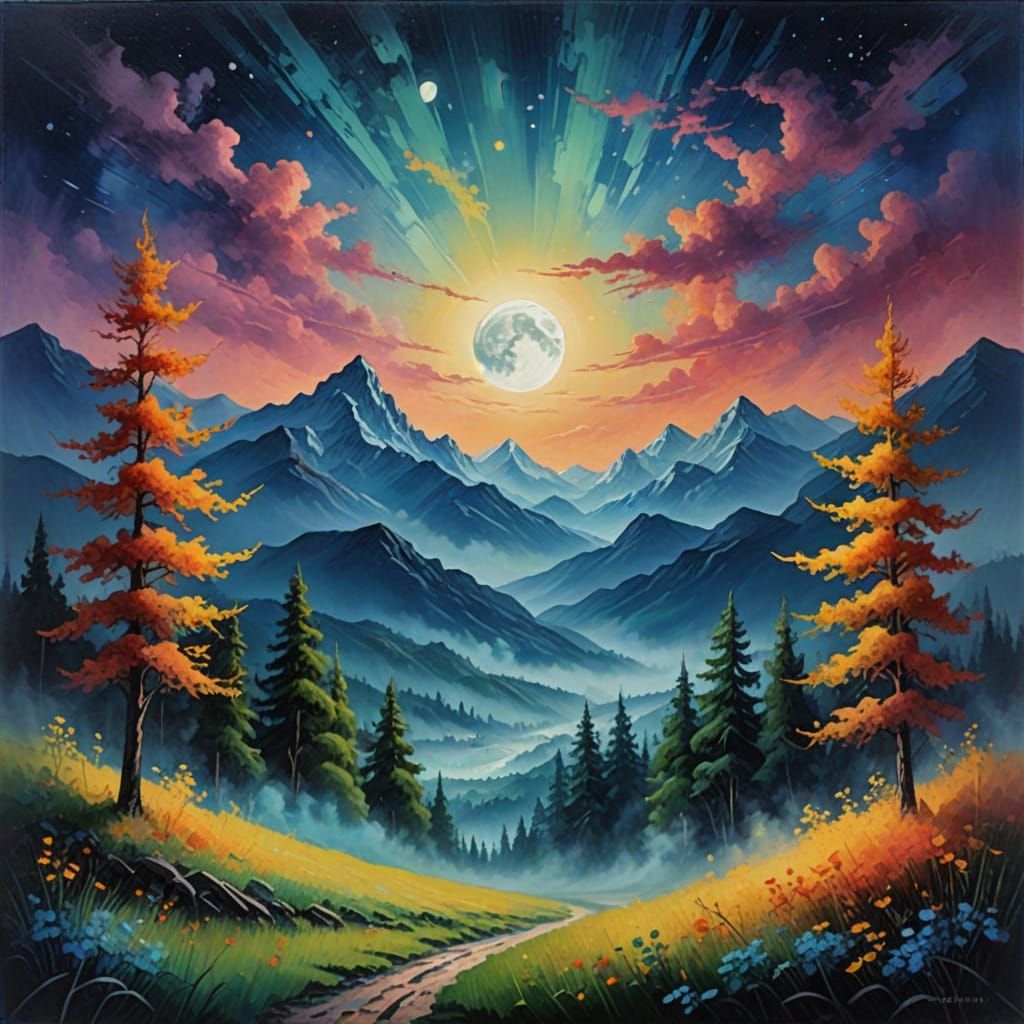 Ethereal Impressionistic Landscape Under Full Moon